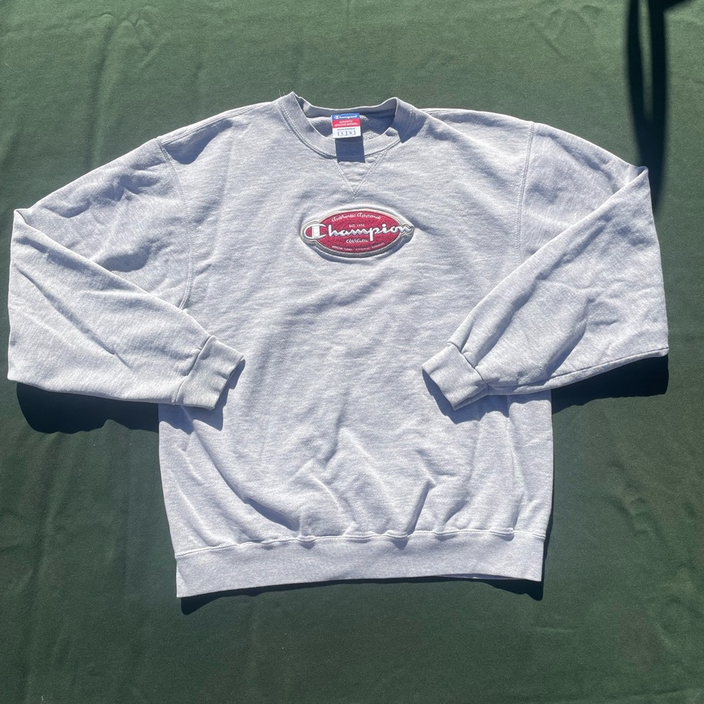 Champion Mens Gray Long Sleeve Crewneck Emrboidered Logo Pullover Sweatshirt L